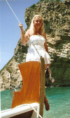 Dorota Lopatynska-de-Slepowron modeling at Corfu in Greece